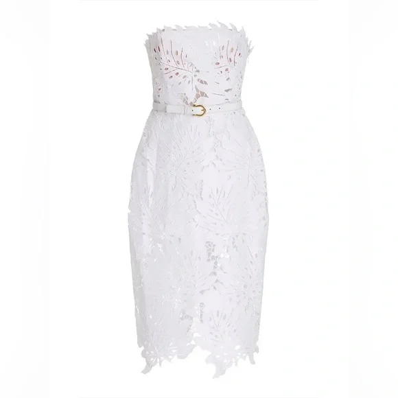 Sexy Whispy Lace Lined Bodycon Belted White MIDI Dress - Picture 6 of 8